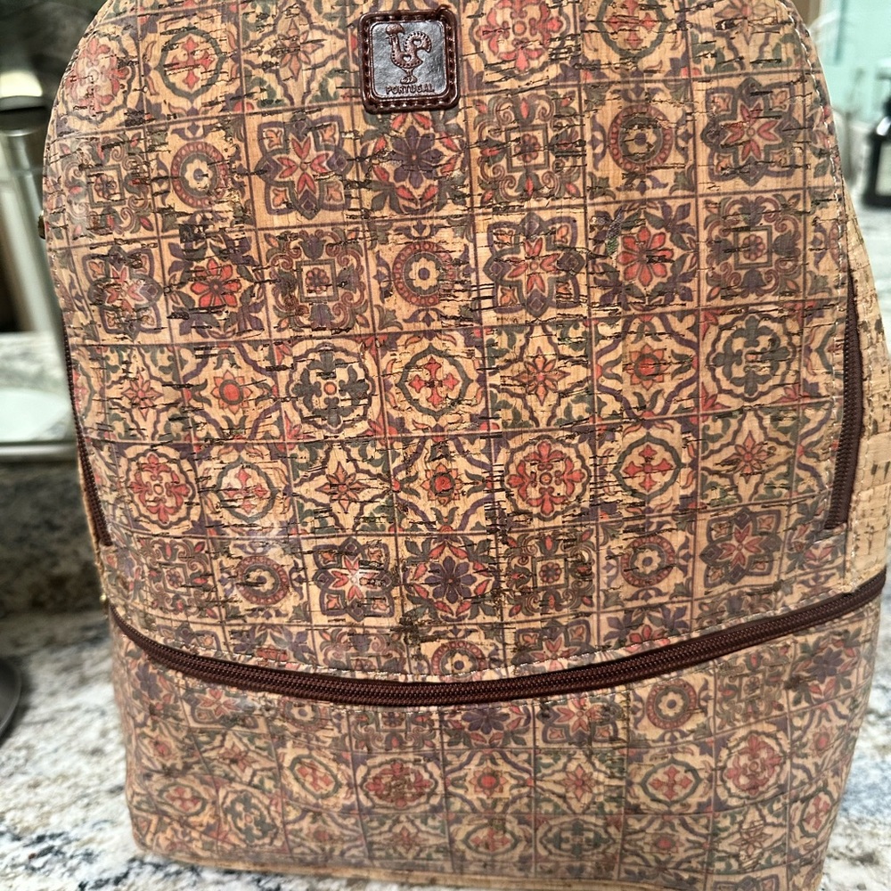 Portugal Cork Textured Backpack with Patterned Accents - Picture 2 of 12
